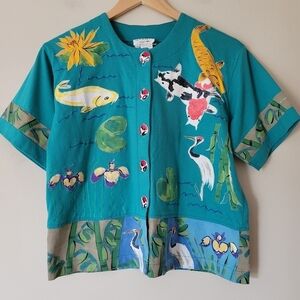 Vintage Handpainted Cotton Short Sleeve Button Down Top Koi Fish Floral Sz M